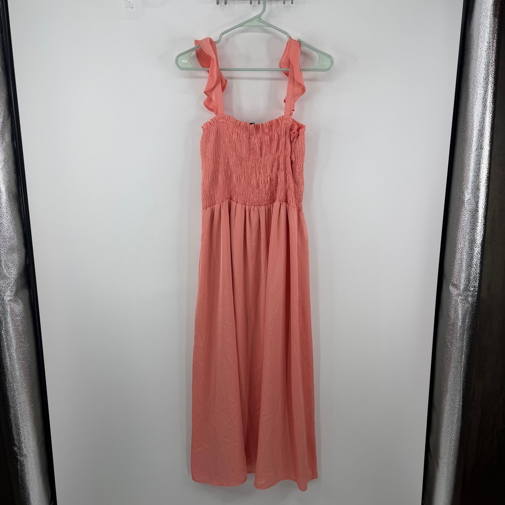 INC International Concepts Maxi Dress Womens 14 Pink Ruffle Smocked Bodice